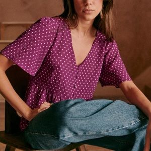 Sezane Eleonore Blouse - Prune Polka Dot  - Size 38 - US 6